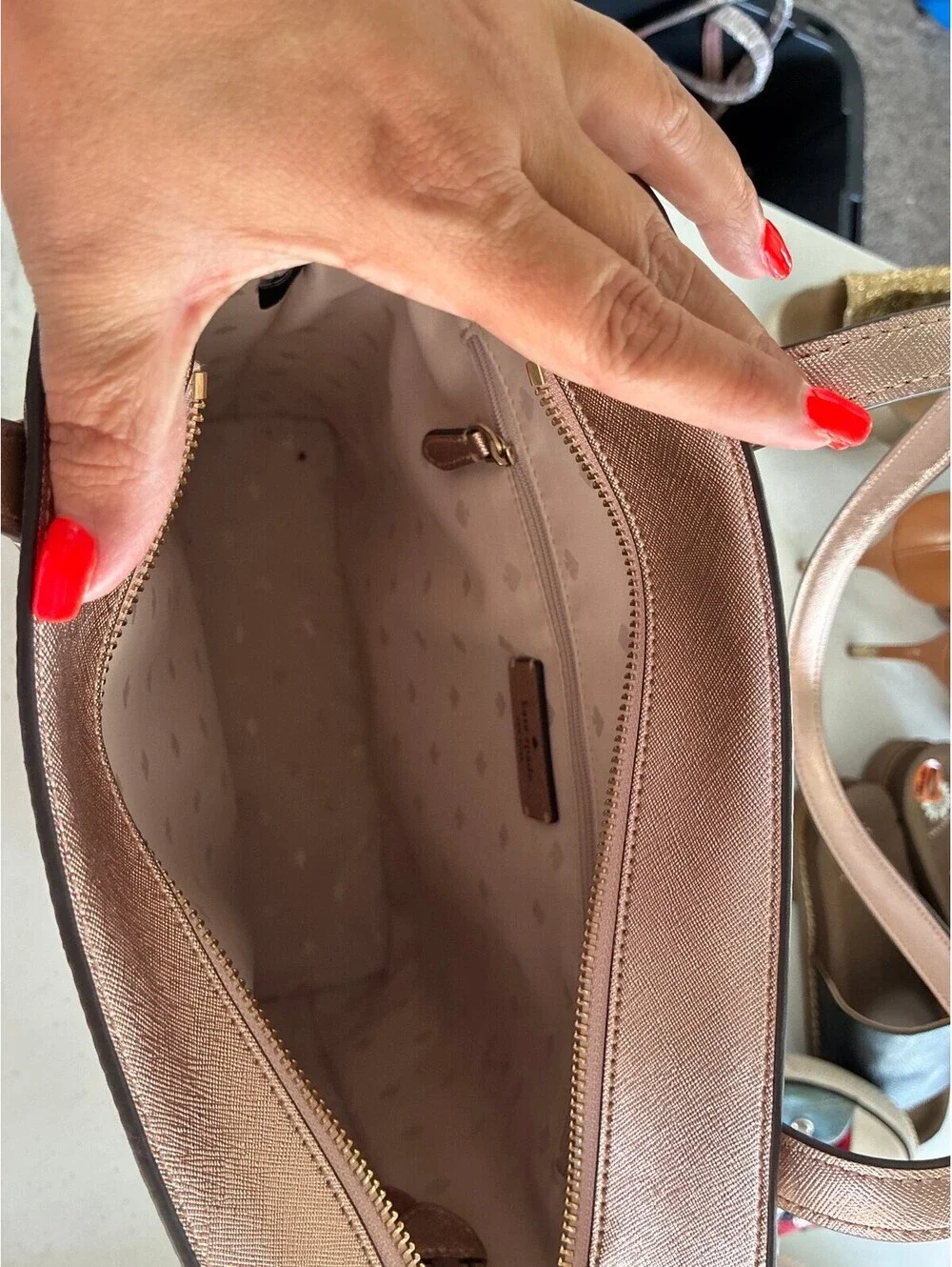 Kate Spade New York Rose Gold Glitter Tote Bag with Zip Closure